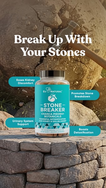 A 9:16 vertical creative featuring a hammer smashing a stone behind a dietary supplement bottle, using a visual metaphor to illustrate product benefits.